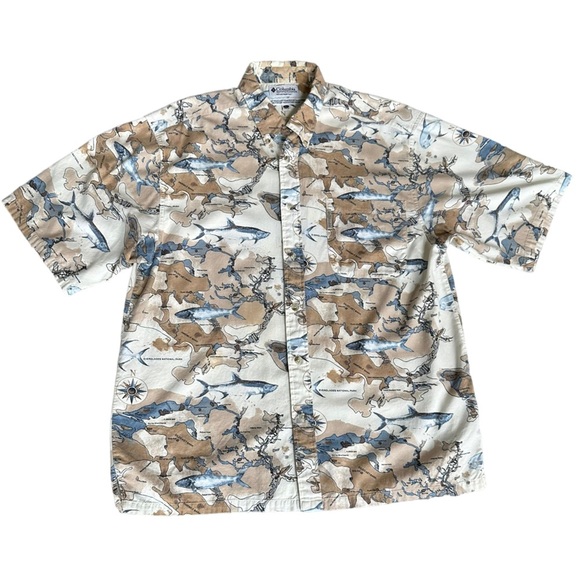 Columbia Short Sleeve Button Up Shirt with Map & Fish Print Size: XL - Picture 1 of 10